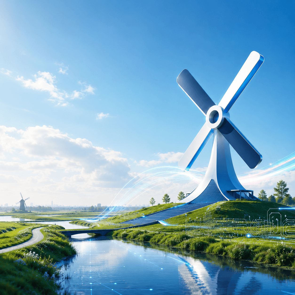 Futuristische windmolen in een Nederlands landschap met digitale verbindingen.