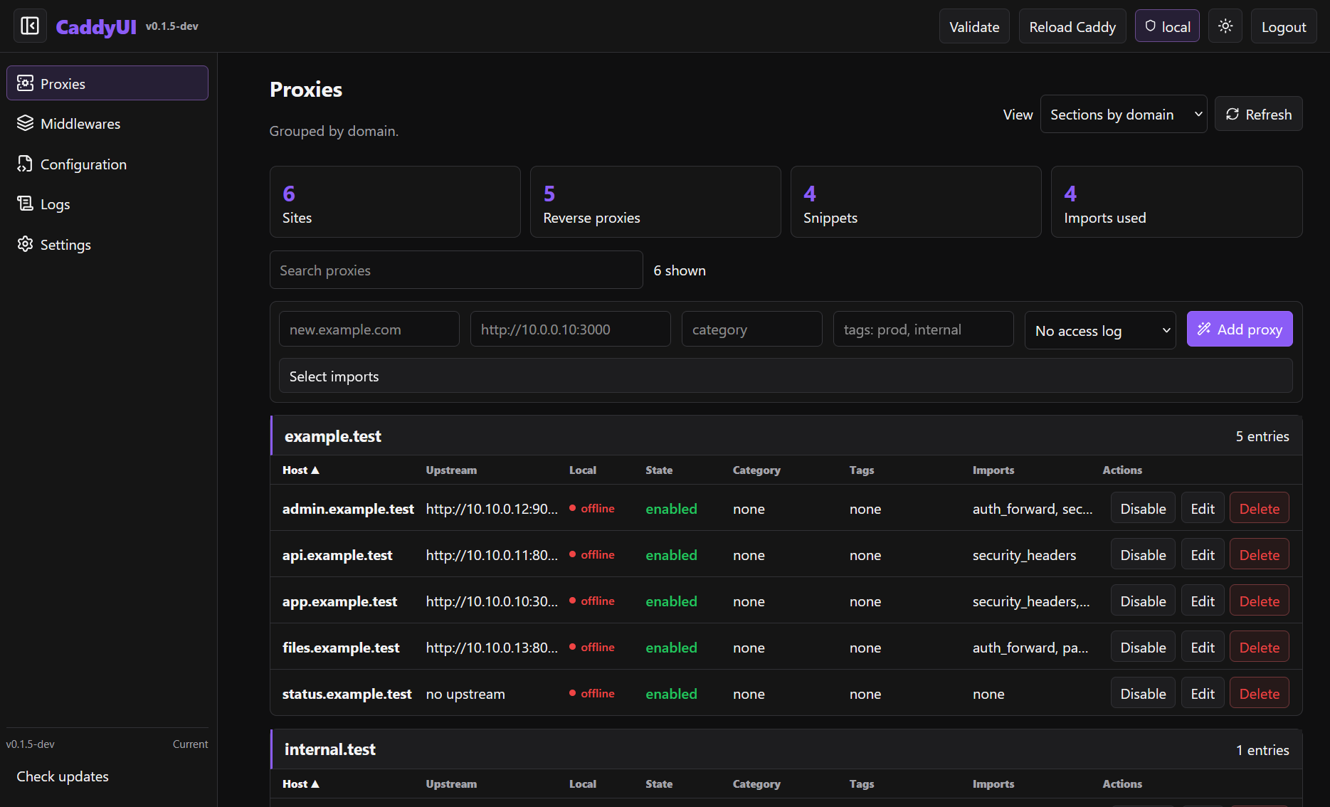 CaddyUI-interface met proxyconfiguratie en gegroepeerde hosts